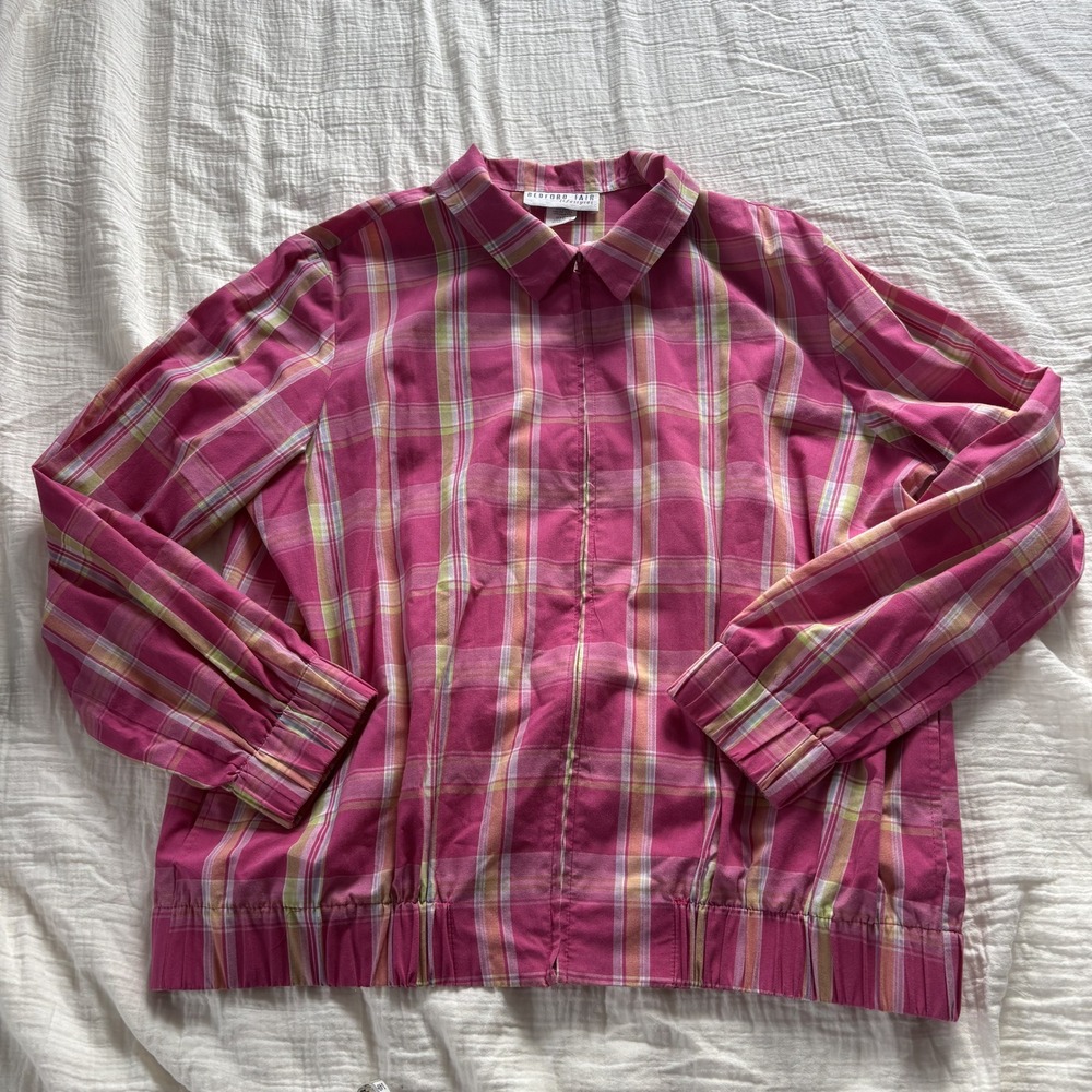 Bedford Fair Jacket Zip Front Plaid Cotton Pink Lightweight Collared Casual L